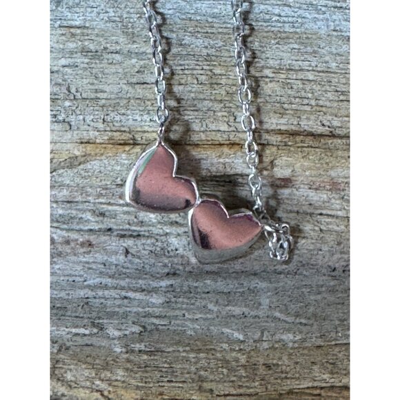 Sterling Silver Double Heart Pendant Necklace 925 LA TH Marking - Picture 5 of 6